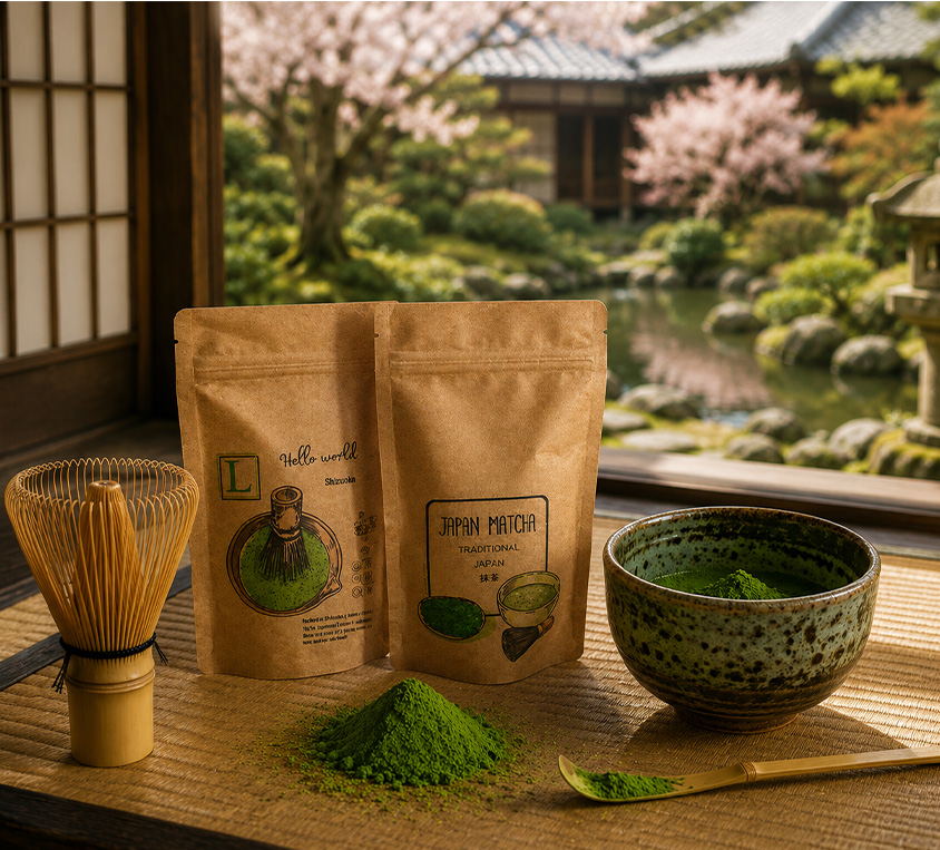 Matcha Leo Tea w różnych wariantach opakowań – puszka metalowa, doypack oraz kubek tekturowy